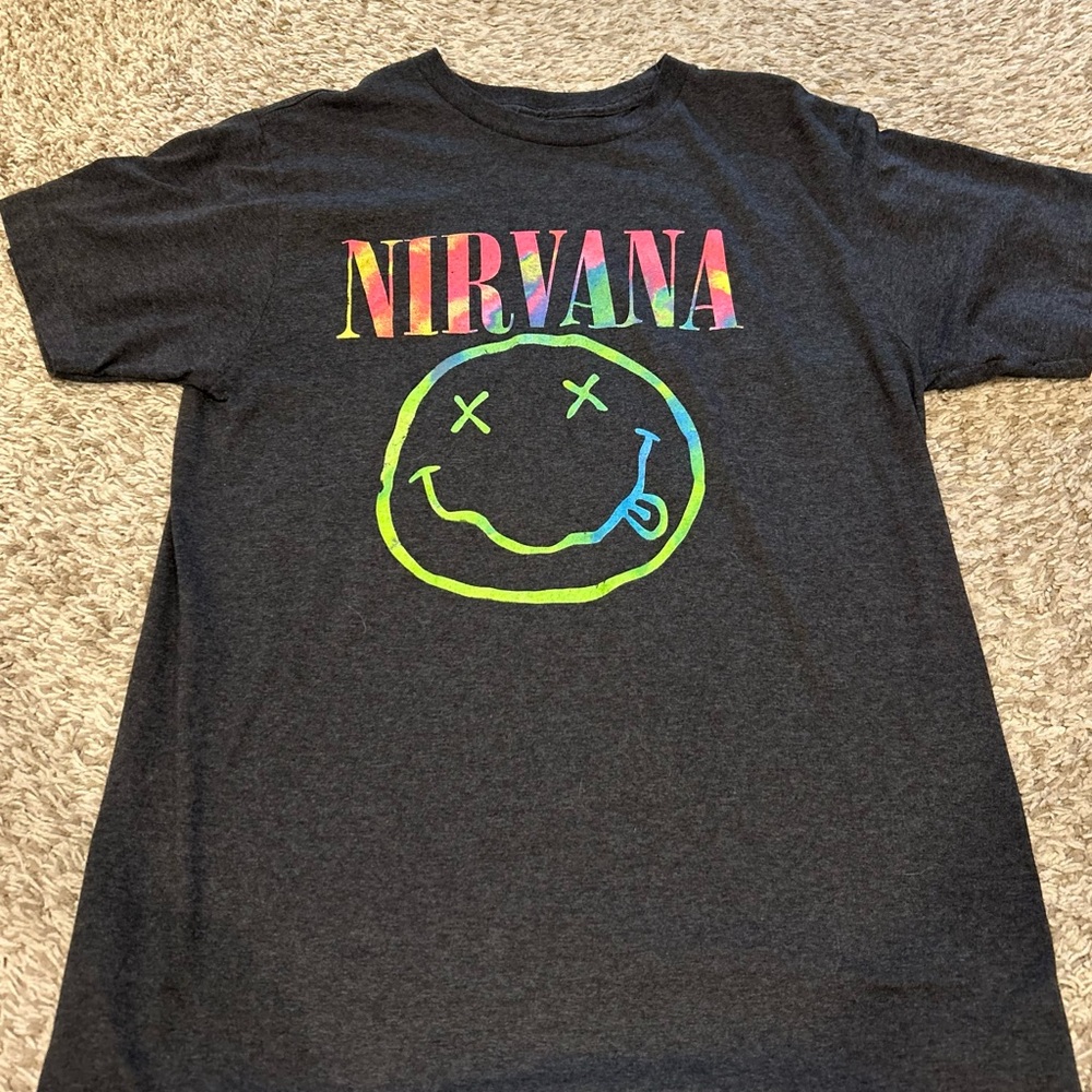 NIRVANA Blue and charcoal grey Smiley Face T-Shirts - Picture 2 of 3